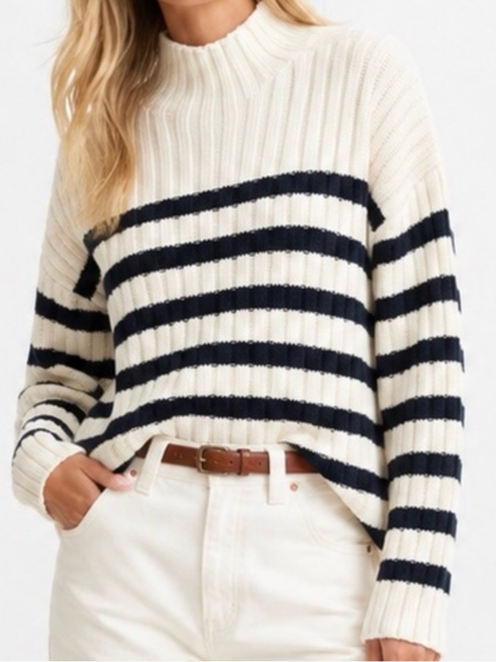 Abercrombie & Fitch Coastal Mock Neck Sweater Ivory w/ Navy Stripe Sz XL X-Large